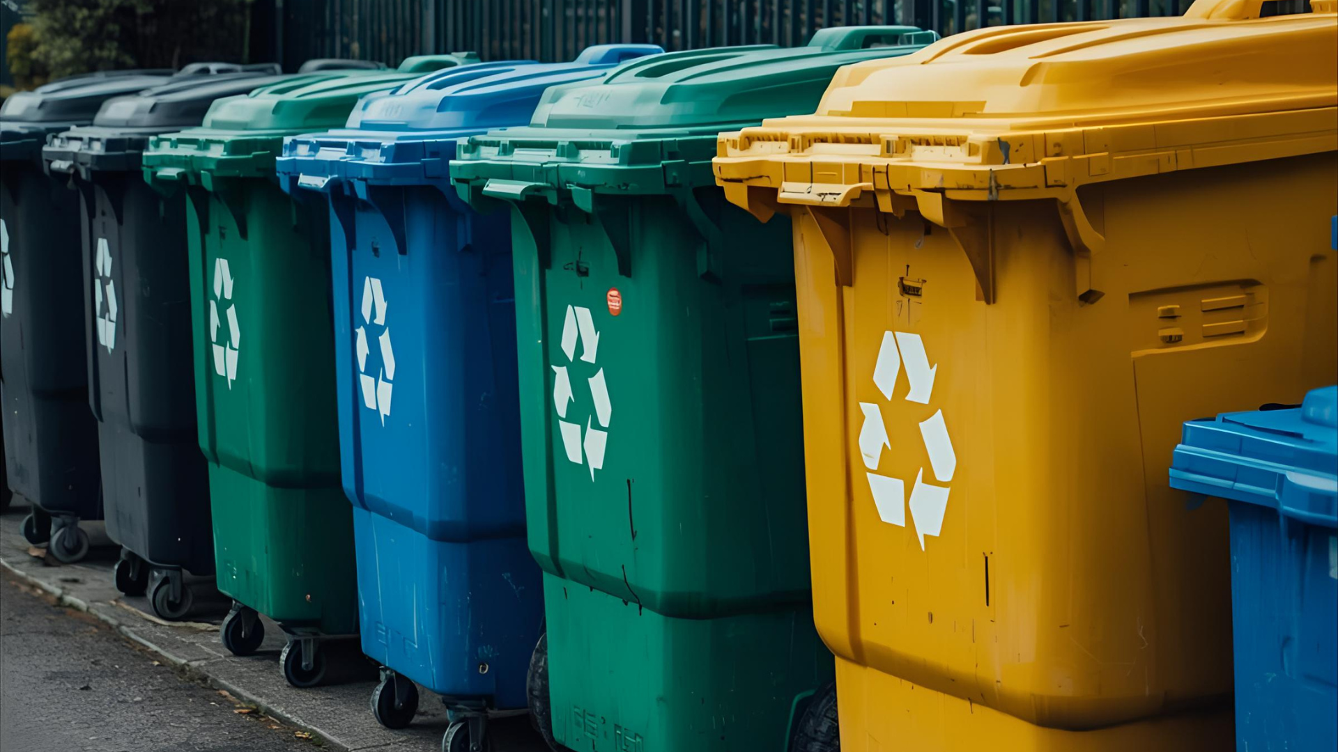 Row of different coloured commercial recycling bins