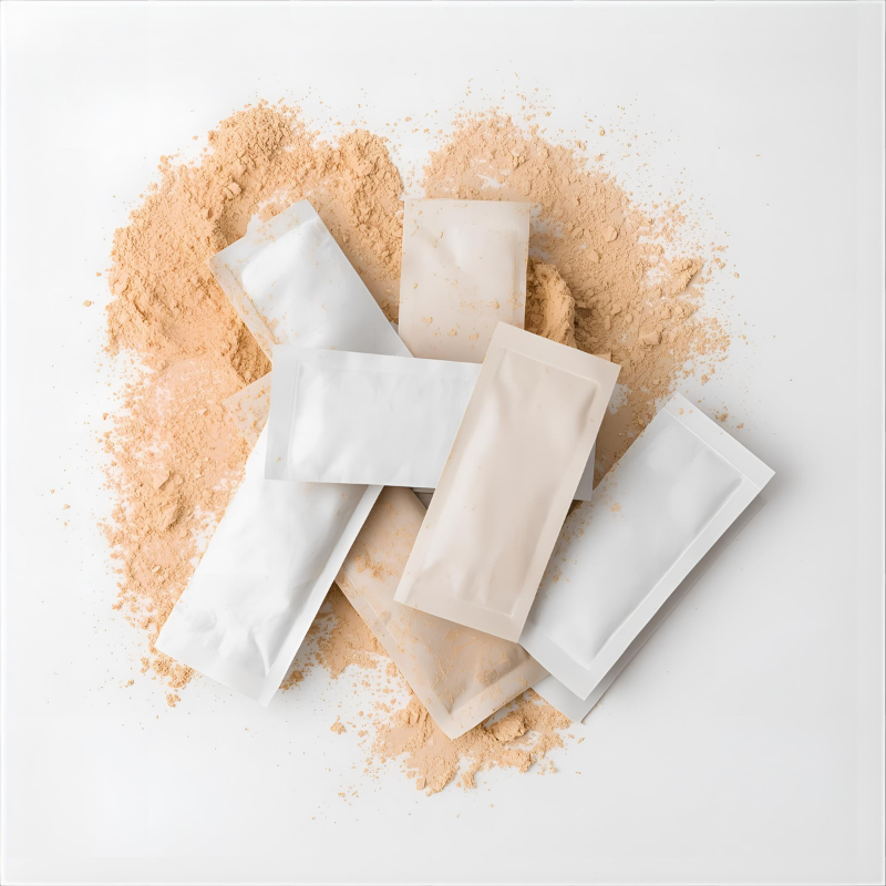 Unlabelled white sachets on top of beige powder