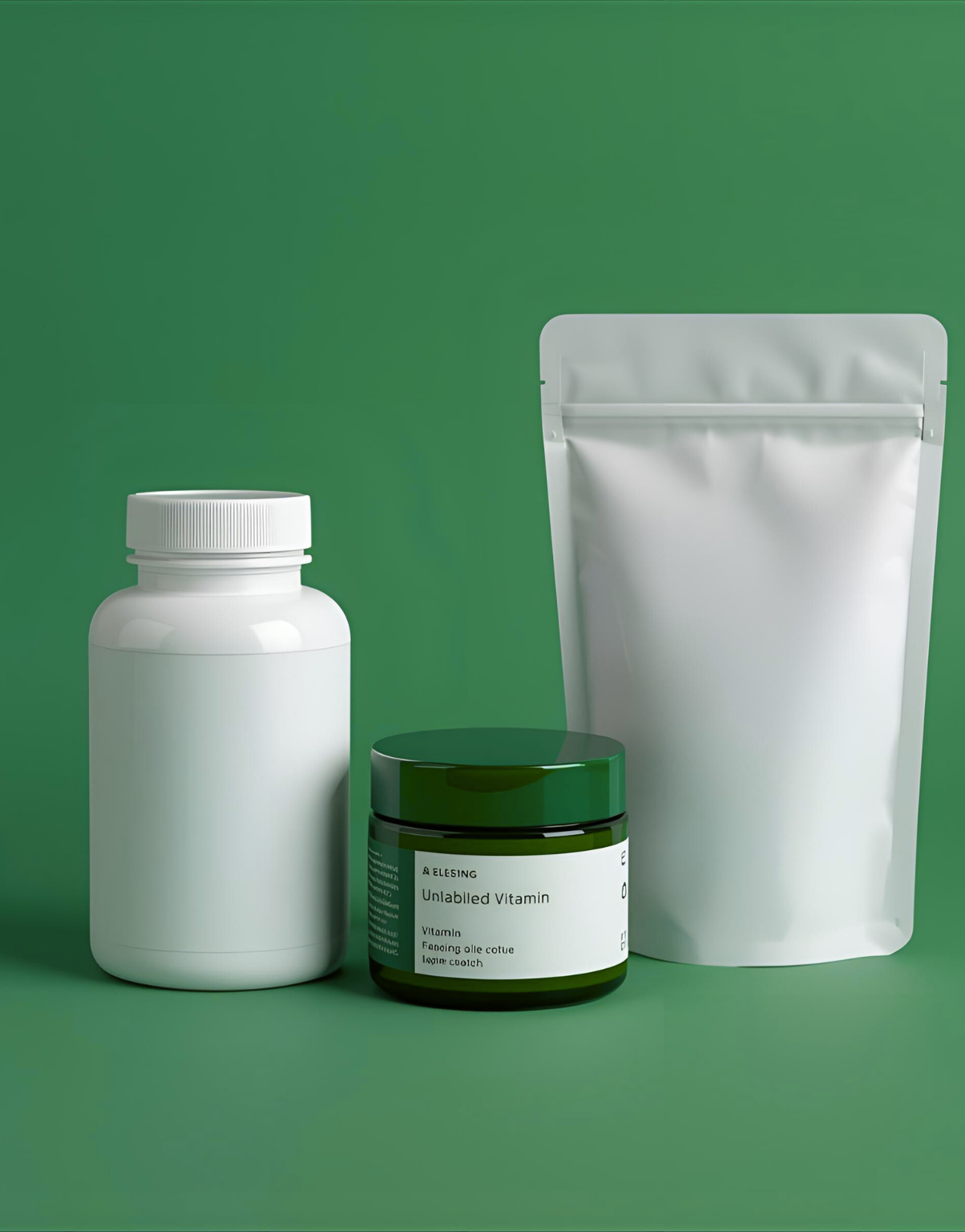 Unlabelled green bottle, white bottle and pouch