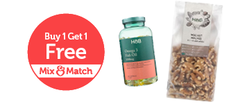 Buy 1 get 1 free. Mix and match. Omega 3 Fish Oil. Walnut halves.