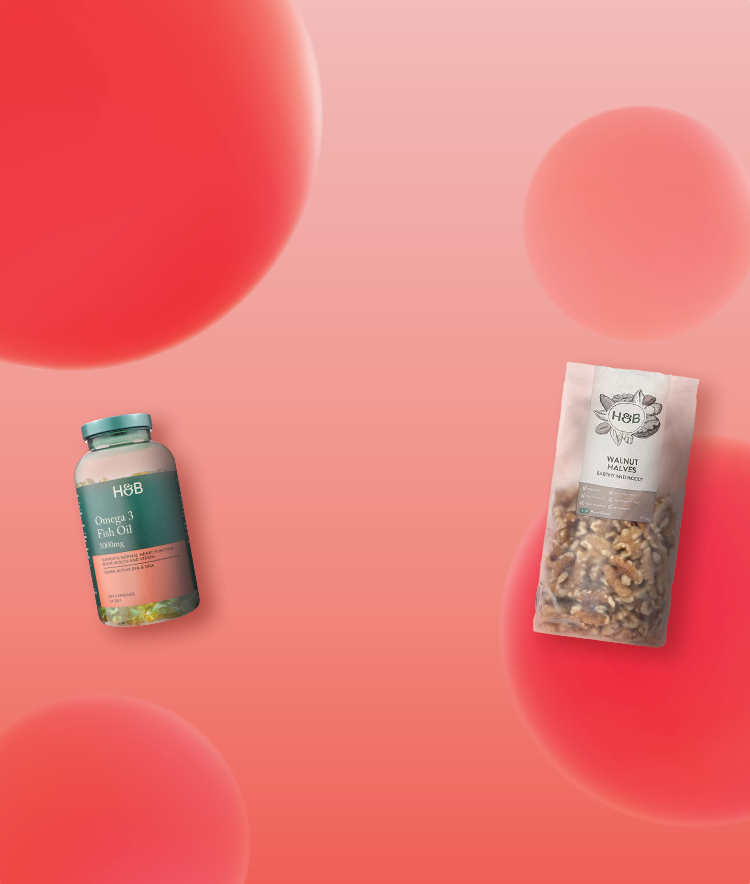 Omega 3 Fish Oil. Walnut halves.