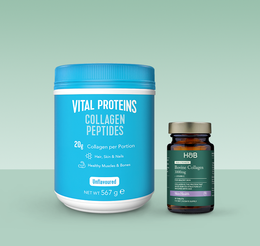 Vital Proteins Collagen Peptides Unflavoured Powder 567g, Holland & Barrett Bovine Collagen 3000mg 30 Tablets