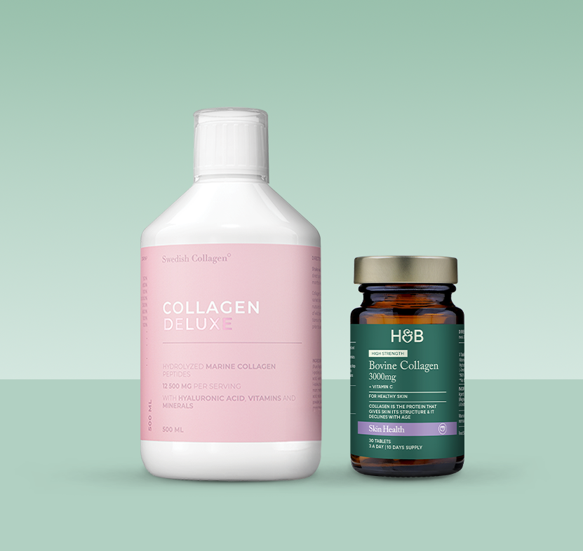 Swedish Collagen Deluxe Marine Collagen 12500mg Berry Flavour 20 Shots, Holland & Barrett Bovine Collagen 3000mg 30 Tablets