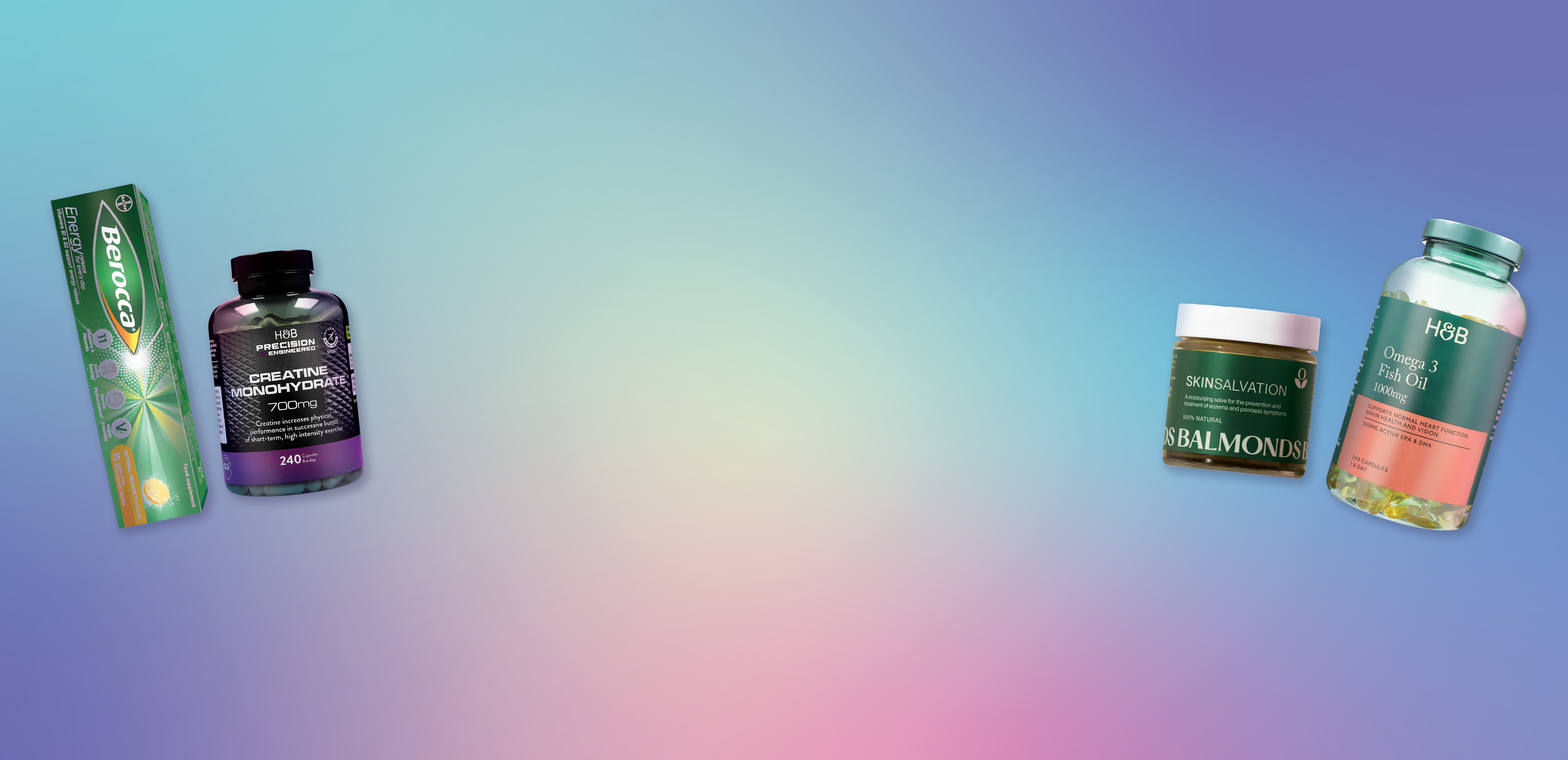 Berocca Energy Effervescent Tablets Orange 15 Tablets, Creatine Monohydrate 700mg 240 Capsules, Balmonds Skin Salvation 50ml, Holland & Barrett Omega 3 Fish Oil 1000mg 240 Capsules