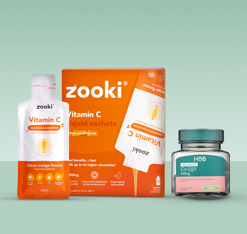 Zooki Liposomal Vitamin C 1,000mg Citrus Orange Flavour 30x15ml Liquid Sachets, Holland & Barrett Super Strength Co-Q10 200mg 30 Capsules